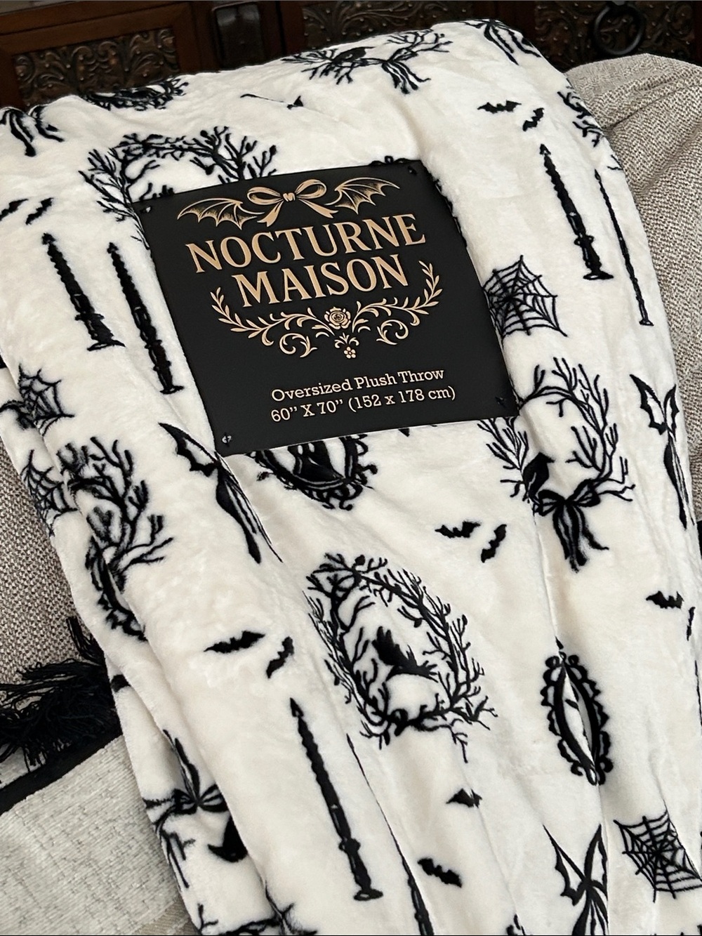 NEW! Romantic Gothic Halloween Witch Ghost Crow Cameo Plush Throw Blanket